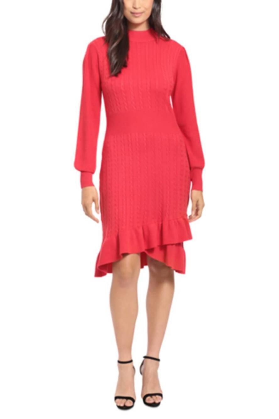 NEW LONDON TIMES mock neck cable knit sweater dress in red